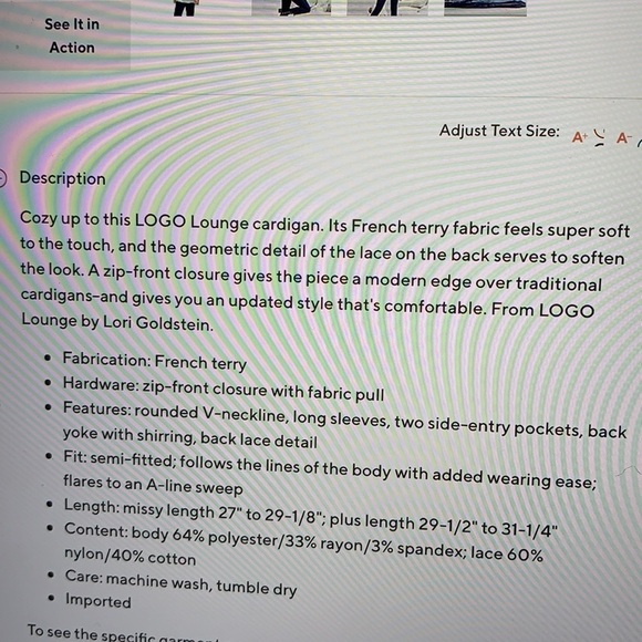 Logo Lounge by Lori Goldstein Zip Cardigan L - Picture 10 of 10